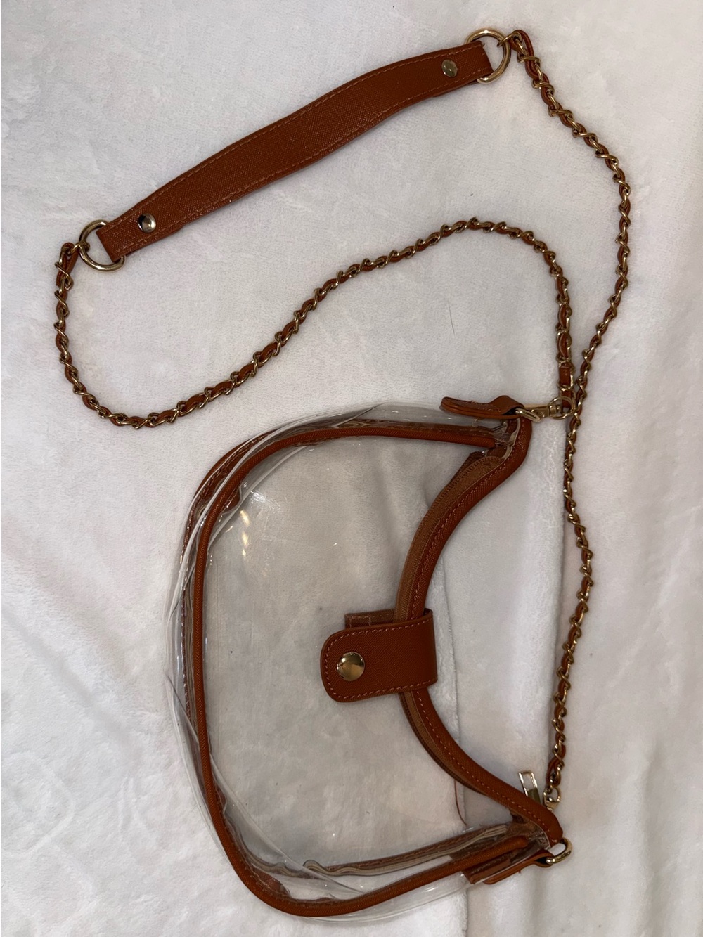Clear Crossbody Bag with Brown Trim and Chain Strap